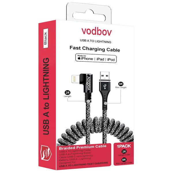 Zebra Black Anti Winding Coiled iPhone Charger Cord 2ft-8ft Right Angle for iPhone 14/13/12 Pro, Plus, Pro Max.