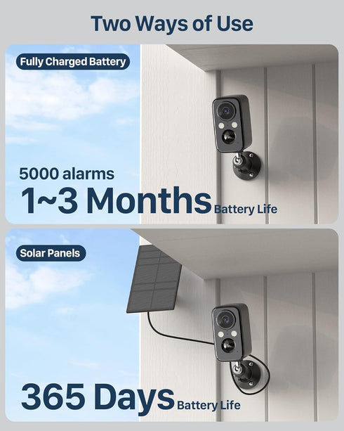 Wireless Outdoor Security Cameras for Home, WiFi Camera with Solar Panel, Battery Powered, Motion Sensor Alarm