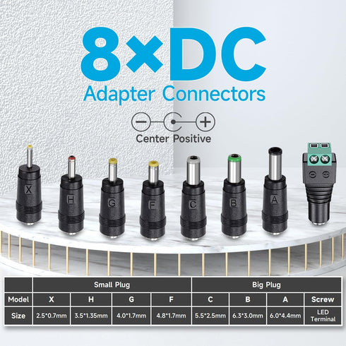 12V 2A 10ft Power Adapter with 8 Tips, 2000mA 24W AC Charger Replacement for LED Strip Light, CCTV Camera, Router