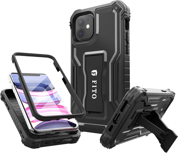 FITO Dual Layer Shockproof Case for iPhone 11 and iPhone XR, with Screen Protector and Built-in Kickstand (Black)
