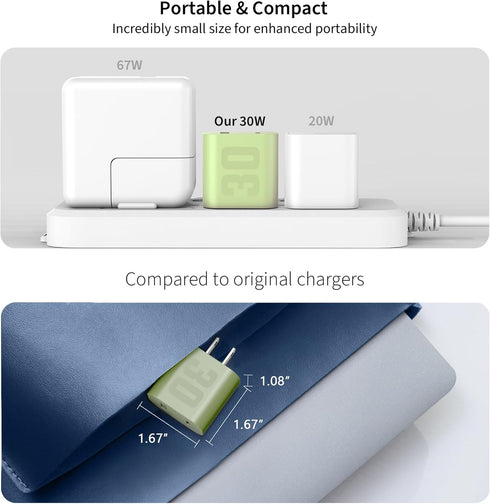 30W USB C GaN Charger for iPhone 15, Dual Port Fast Charging Block with Type C Charge Cable 5ft