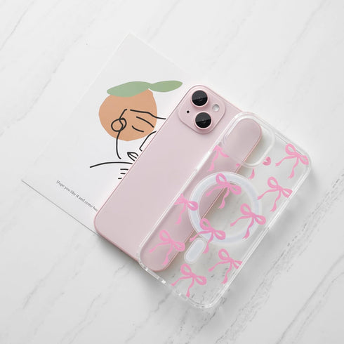 UEEBAI 15 Magnetic for iPhone Case, Bow Case Compatible with MagSafe, Wireless Slim Clear Ribbon Aesthetic Phone Cover