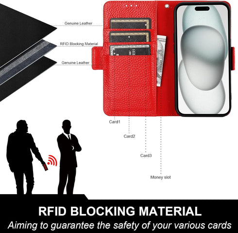 Bocasal 15 5G, 6.1 Inch Wallet Case for iPhone Genuine Leather Support Wireless Charging RFID Blocking Flip Case Card