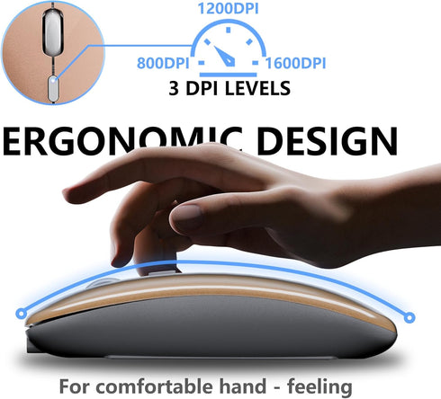 Slim Rechargeable Wireless Silent Mouse, 2.4G & Bluetooth Technology for Laptop/PC/Mac/iPad - Gold