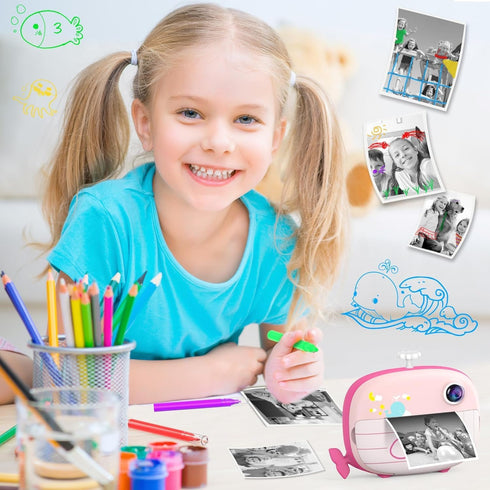 Kids Instant Print Camera, 12MP Ink-Free Printing for Ages 3-10, Selfie Camera for Boys and Girls, Pink