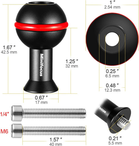 1" Ball Adapter with M6 & 1/4" Threaded Stud, Aluminum Alloy Fixed Ballhead Mount for Action Camera & Camcorder