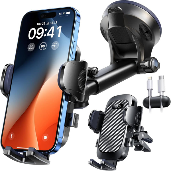 YRU 2024 Ultimate Car Phone Holder Mount, 80+LBS Safest Strongest Rotatable Suction, Dashboard Windshield for iPhone,