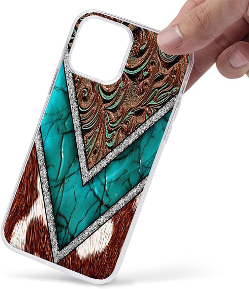 Compatible with iPhone 15 Case, Western Cowhide Turquoise and Brown Animal Print Shockproof Protective Case with Unique Design for Women Girls TPU Cover Case