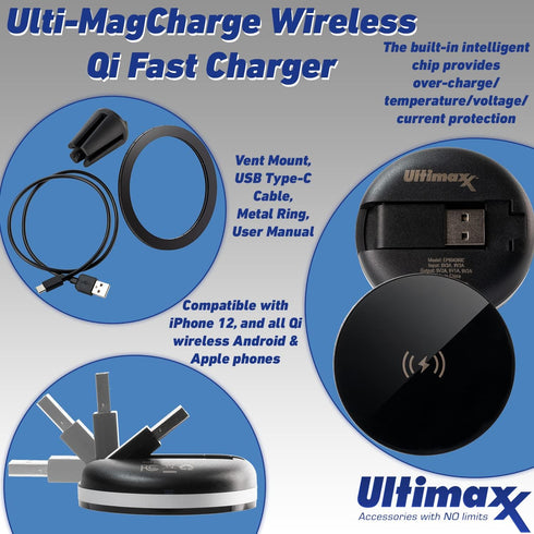 Ultimaxx USB Qi Fast Charger Pad Compatible with iPhone 14/14 Plus/14 Pro/14 Pro Max/13/13 Mini/SE 2022/12/11/X/8, Samsung Galaxy S20 Ultra/ S20/ S10 Plus/ S10/S9/ S8/S7 & Much More