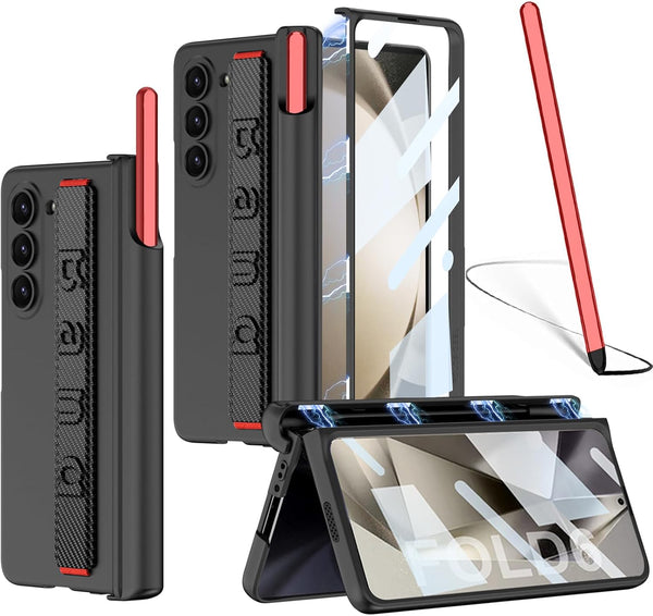 NINKI Samsung Galaxy Z Fold 6 Case with S Pen (Red) - Carbon Fiber, Magnetic Hinge Protection, Strap Included