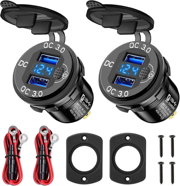 Linkstyle 2PCS 12V USB Outlet, 18W Quick Charge 3.0 Dual USB Power Outlet with ON/Off Switch & Blue LED Voltmeter for