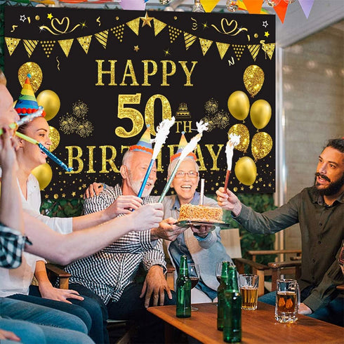 Trgowaul 50th Birthday Backdrop Gold and Black, 5.9 x 3.6 Ft Happy Birthday Party Decorations Banner for Photography