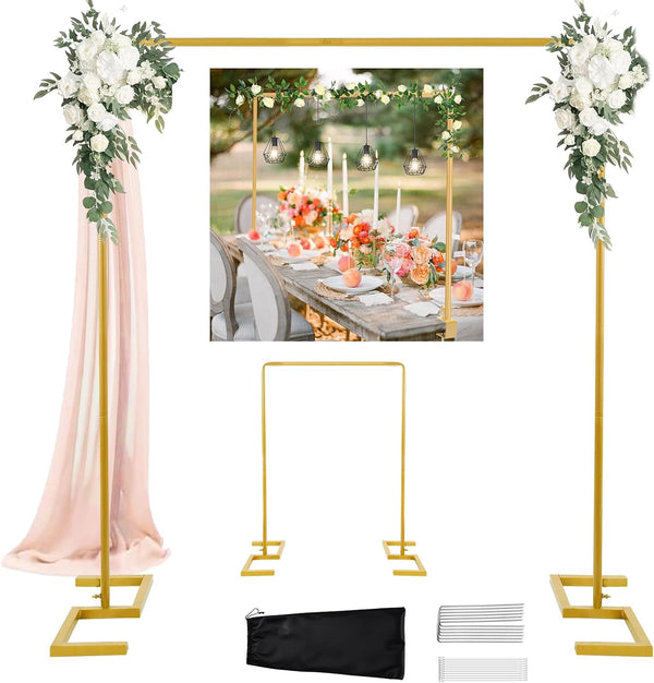 8.2FT Square Wedding Arch Backdrop Stand,Balloon Arch Stand, Metal Gold Backdrop Adjustable