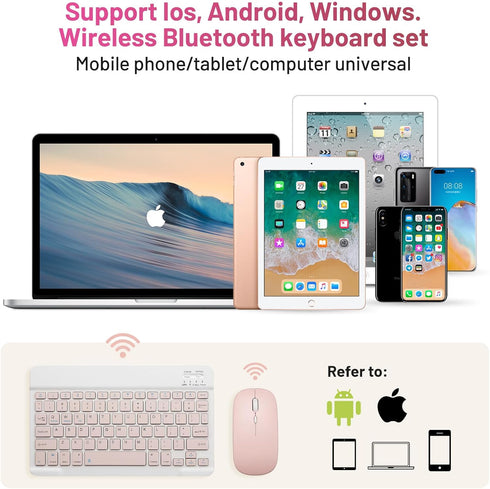 Bluetooth Keyboard and Mouse Combo Rechargeable Portable Wireless Keyboard Mouse Set for Apple iPad iPhone iOS 13 and Above Samsung Tablet Phone Smartphone Android Windows (10 inch Pink)