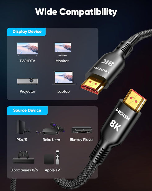 8K 5FT, 48Gbps Cord-4K@120Hz 8K@60Hz, 2.2&2.3, 10 TV/PS5/HDTV/Blu-ray Highwings HDMI Cable Ultra High Speed HDMI Cable