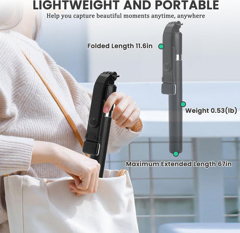 Treayes 67Inch Extendable Phone Selfie Stick with Wireless Remote, Tripod Stand and Fill Light, Portable