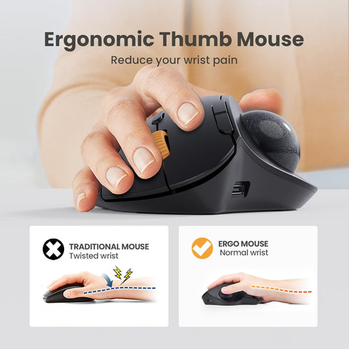 ProtoArc Wireless Trackball Mouse, EM04 Ergonomic Bluetooth Rollerball Mouse Rechargeable Computer Laptop Mouse Thumb Control Mice, Compatible with PC, iPad, Mac, Windows-Gray Ball