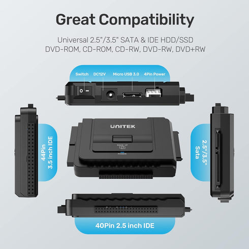 Unitek USB C to IDE and SATA Converter Kit for Universal 2.5/3.5 HDD/SSD, One Touch Backup Function