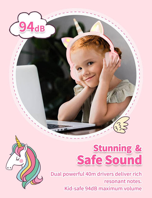 Unicorn Kids Headphones for Girls, Foldable Bluetooth Headphones for Toddlers, Light Up Wireless Headphones, Birthday