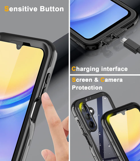 Samsung Galaxy A15 5G Case, Waterproof with Built-in Screen Protector, 360° Full Body Shockproof Heavy Duty (Black)