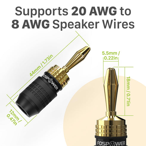 FosPower 12 Pairs Deadbolt Banana Plugs / 24 pcs, 24k Gold Plated Screwless Type Speaker Plug Connectors for Audio