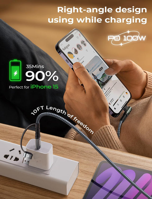 AINOPE 10FT USB C Cable 100W for iPhone 15, Fast Charging, Right Angle QC5.0, MacBook, iPad, Samsung S24.