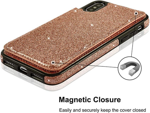 UEEBAI Case for iPhone X/XS - Premium Glitter PU Leather Wallet Cover with Card Slots, Rose Gold