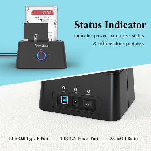 WAVLINK USB 3.0 and USB C to SATA Dual-Bay External Hard Drive Docking Station for 2.5/3.5 Inch HDD/SSD (6Gbps) - Black