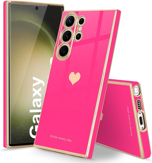 Teageo Cute Love-Heart Case for Samsung Galaxy S23 Ultra 5G - Luxury Soft Bumper, Shockproof, Hot Pink, Full Camera