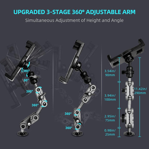 Aluminum Heavy Duty Drill Base Tablet Holder Car Mount, 14.2 Long 360 3-Stage Metal Stand for 4.7-12.9" iPad
