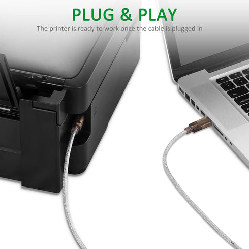 Printer Cable 10Ft, USB Type A Male to B Male, High Speed for HP, Canon, Lexmark, Dell, Xerox, Samsung