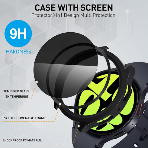 Suoman 2-Pack Waterproof Case for Samsung Galaxy Watch 6 44mm, Hard PC Bumper with Tempered Glass Screen Protector