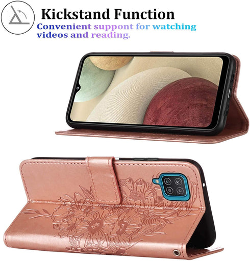 Flip Cover Phone Case for Galaxy A12, Rose Gold | Wallet, Butterfly Floral Embossed, Wrist Strap, Card Holder Slots,