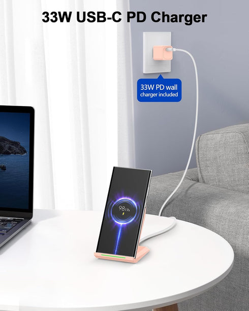 Wireless Charger with USB C Phone Charger, Qi Certified Charging Stand with PD Adapter for iPhone 15/14/13/12/11, Dock