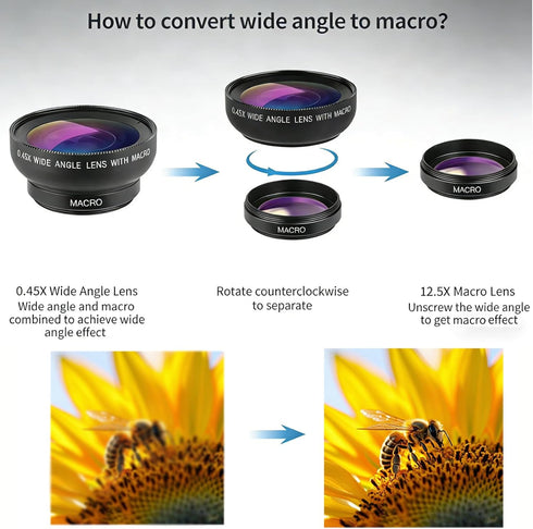 RayHenry 2 1, 0.45X 12.5X Phone Camera Lens Kit in Wide Angle Lens+ Macro Lens, Cell Phone Len Attachments Accessory