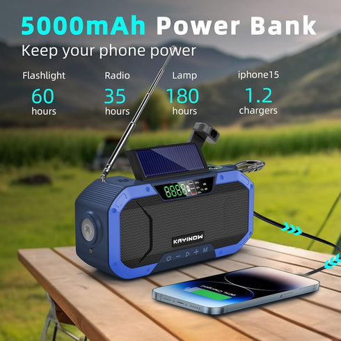 Emergency Radio Hand Crank Solar Power - Portable AM FM NOAA Weather Radio with 5000mAh Rechargeable Battery