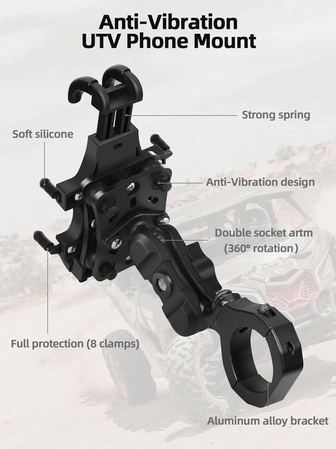 Anti-Vibration UTV Phone Mount Heavy Duty, Full Protection Holder with Aluminum Bracket Fit for 1.75-2" Roll Cage,