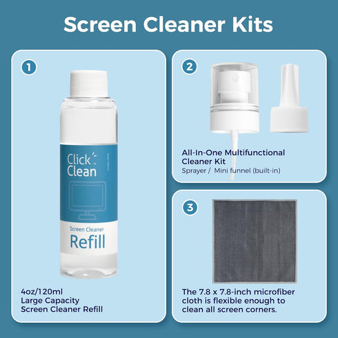 Click Clean Screen Cleaner Refill Kits - 4 oz Cleaner Refill, Microfiber Cloth, Mini Refill Funnel, and Sprayer