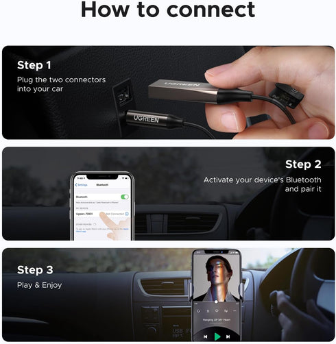 UGREEN 6.0 3.5mm Aux to Bluetooth Car Adapter with LDAC, Aux Adapter Built-in Microphone, Car Bluetooth Audio Receiver
