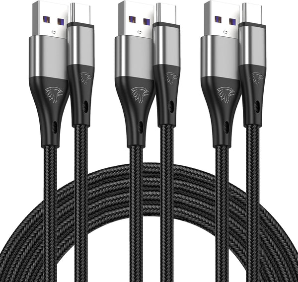 Premium Nylon Braided USB Type C Cable 10ft 3-Pack, 3A Fast Charger for Samsung Galaxy S21, Note 20, LG V50, and more.