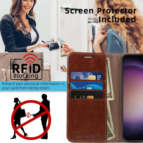 MONASAY Flip Folio Wallet Case for Samsung Galaxy S24+ Plus 5G, 6.7", Brown, with RFID Blocking & Lens/Glass Protector.