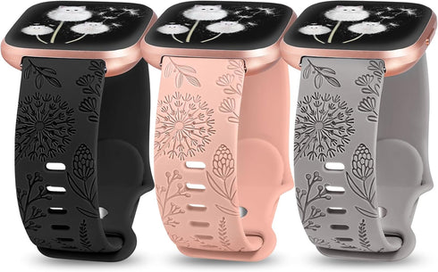 Minyee Floral Engraved Band Compatible with Fitbit Versa 2/Versa Lite, Soft Silicone Dandelion Flower Pattern Strap