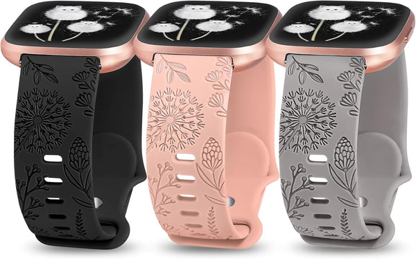 Minyee Floral Engraved Band Compatible with Fitbit Versa 2/Versa Lite, Soft Silicone Dandelion Flower Pattern Strap