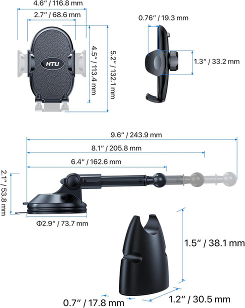 Cell Phone Holder for Car with 360° Rotatable Stand, Military-Grade Suction, Flexible Telescopic Arm, Black