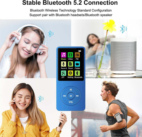 imkavery 128GB MP3 5.2, Player with Bluetooth Portable Blue Music Player for Kids with Built-in HD Speaker, FM Radio
