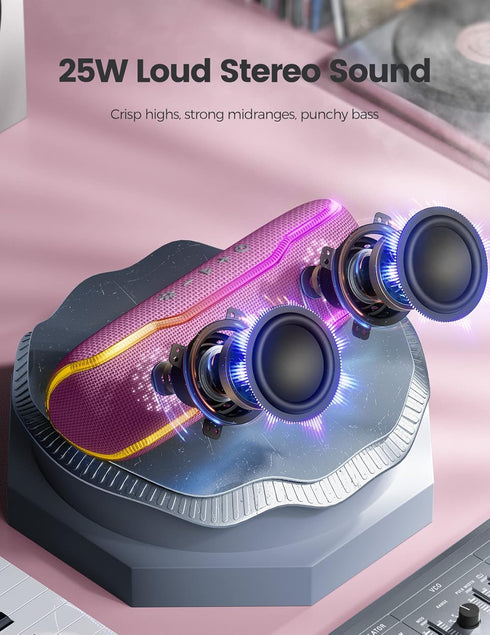 Portable Bluetooth Speaker, IPX7 Waterproof, Colorful Flashing Lights, 24H Playtime, Pink