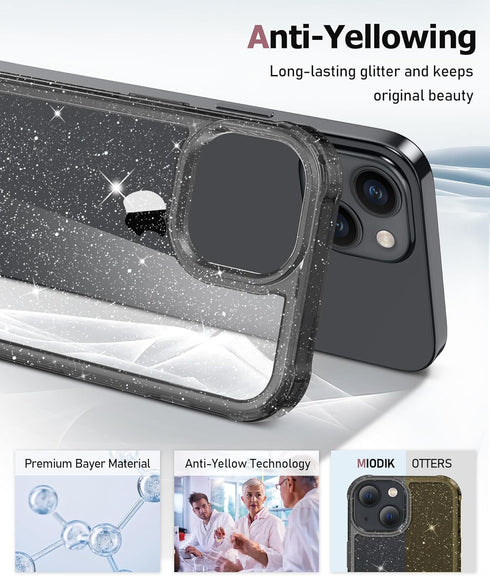 MIODIK iPhone 15 Plus Case - Clear Glitter, Shockproof, with 2 Screen & Camera Lens Protectors - Black, No Yellowing.