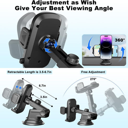 Car Phone Holder with Powerful Suction, 3 in 1 Hands-Free Mount for iPhone and Android Smartphone