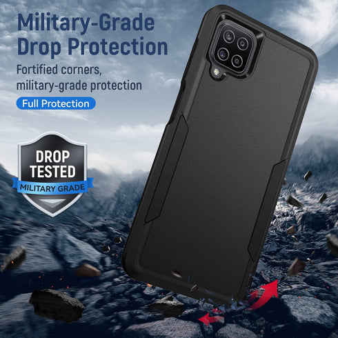Galaxy A12 Case with Screen Protector, Heavy-Duty Tough Rugged Slim Shockproof Protective Case for Samsung A12, Black