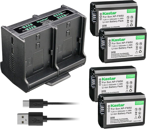 Kastar 4-Pack Battery and Quadruple Charger for Sony NEX-F3, SLT-A33, SLT-A35, SLT-A37, SLT-A55, ZV-E10, Cyber-shot